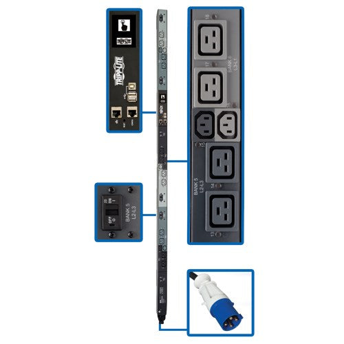 PDU surveillé par prise Tripp Lite PDU3EVNR6G60A 3 phases 208 V 16,2 kW, interface LX, Gigabit, 18 prises, entrée IEC 309 60A bleue, écran ACL, cordon de 1,8 m, 0U, hauteur de 1,8 m, conforme TAA