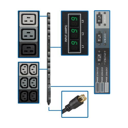 PDU avec compteur local Tripp Lite PDU3MV6L2130 3 phases 8,6 kW, prises 208/120 V (36 C13, 6 C19, 6 5-15/20R), 208 V L21-30P, cordon de 6 pi (1,83 m), 0U vertical, conforme TAA