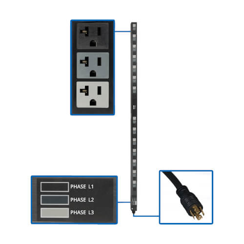 PDU de base Tripp Lite PDU3V6L2120LV 3 phases 5,7 kW, 42 prises NEMA 5-15/20R 120 V, entrée 208 V L21-20P, cordon de 6 pi, rack 0U de 70 po, conforme TAA