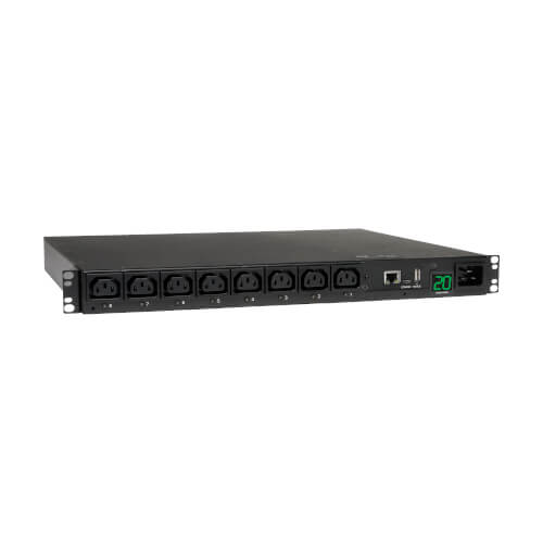 PDU commuté Tripp Lite PDUMH20HVNET monophasé 208/230 V 3,7 kW, LX Platform, 8 prises C13, entrée C20 avec adaptateur L6-20P, cordon de 2,4 m, 1U pour rack, conforme TAA