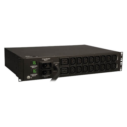 PDU avec compteur local Tripp Lite PDUMH32HV monophasé 7,4 kW, prises 230 V (2 C19, 16 C13), IEC-309 230 V 32A bleue, cordon de 12 pi (3,66 m), 2U pour rack, conforme TAA