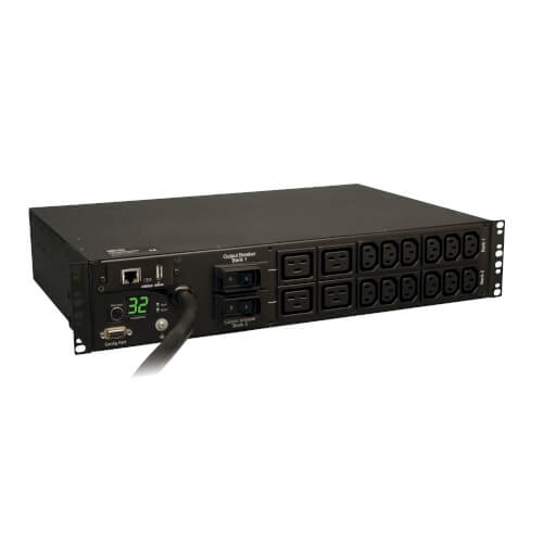 PDU surveillé Tripp Lite PDUMNH32HV monophasé 7,4 kW avec interface LX Platform, prises 230 V (12 C13, 4 C19), IEC-309 32A bleue, cordon de 12 pi (3,66 m), 2U pour rack, conforme TAA