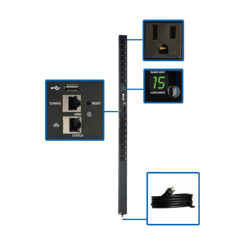 PDU commuté Tripp Lite PDUMV15NETLX monophasé 1,4 kW, interface LX, prises 120 V (16 5-15R), cordon de 10 pi (3,05 m) avec 5-15P, 0U, conforme TAA