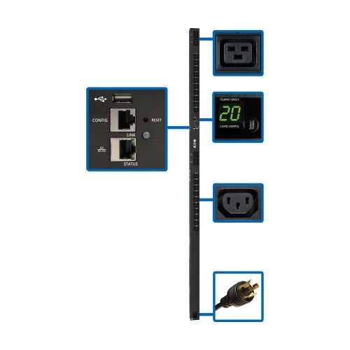 PDU commuté Tripp Lite PDUMV20HVNETLX monophasé 3,7 kW, interface LX, prises 208/230 V (20 C13 et 4 C19), C20/L6-20P, 0U, conforme TAA