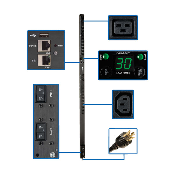 Bandeau d'alimentation (PDU) commuté pour rack Tripp Lite PDUMV30HVNETLX, 0U, 24 A, 208/230 V, fiche NEMA L6-30P