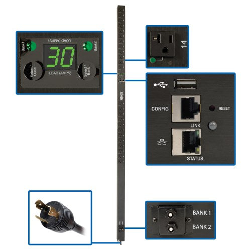 PDU surveillé par prise Tripp Lite PDUNVR30LX monophasé 2,9 kW, LX Platform, 24 prises 5-15/20R (120 V), entrée L5-30P, 0U, conforme TAA